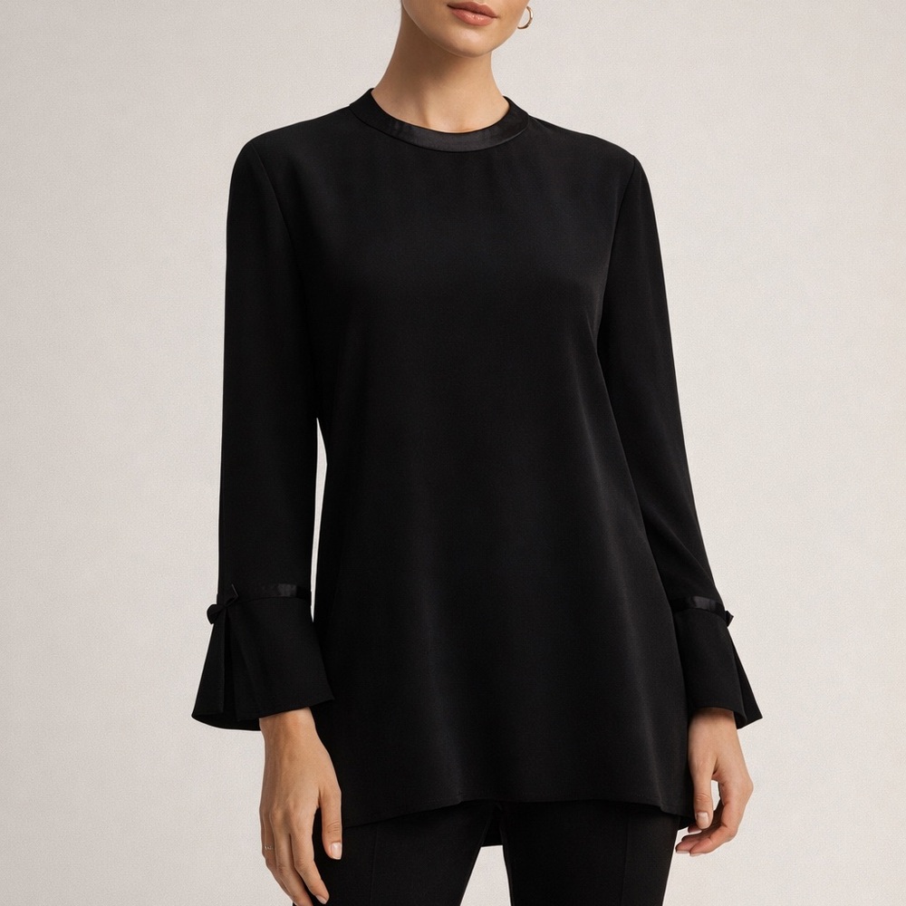 Veronica Beard Black Satin Trim Tie Back Long Sleeve Tunic Blouse